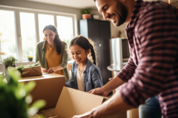 Famille heureuse avec cartons pendant leur déménagement, organisant la garde alternée