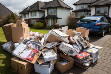 Maison avec un tas de cartons et d'encombrants laissés à l'extérieur, représentant la question : quel est le tarif pour débarrasser une maison.
